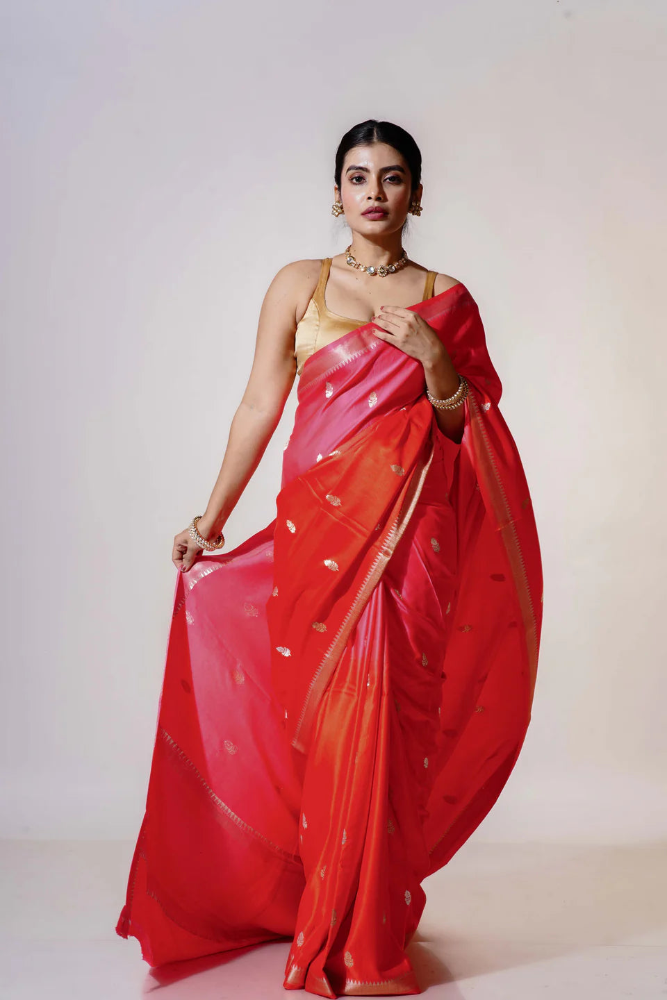 Rust Orange and Fuchsia Pink Pure Mashru Banarasi Saree With Blouse Piece