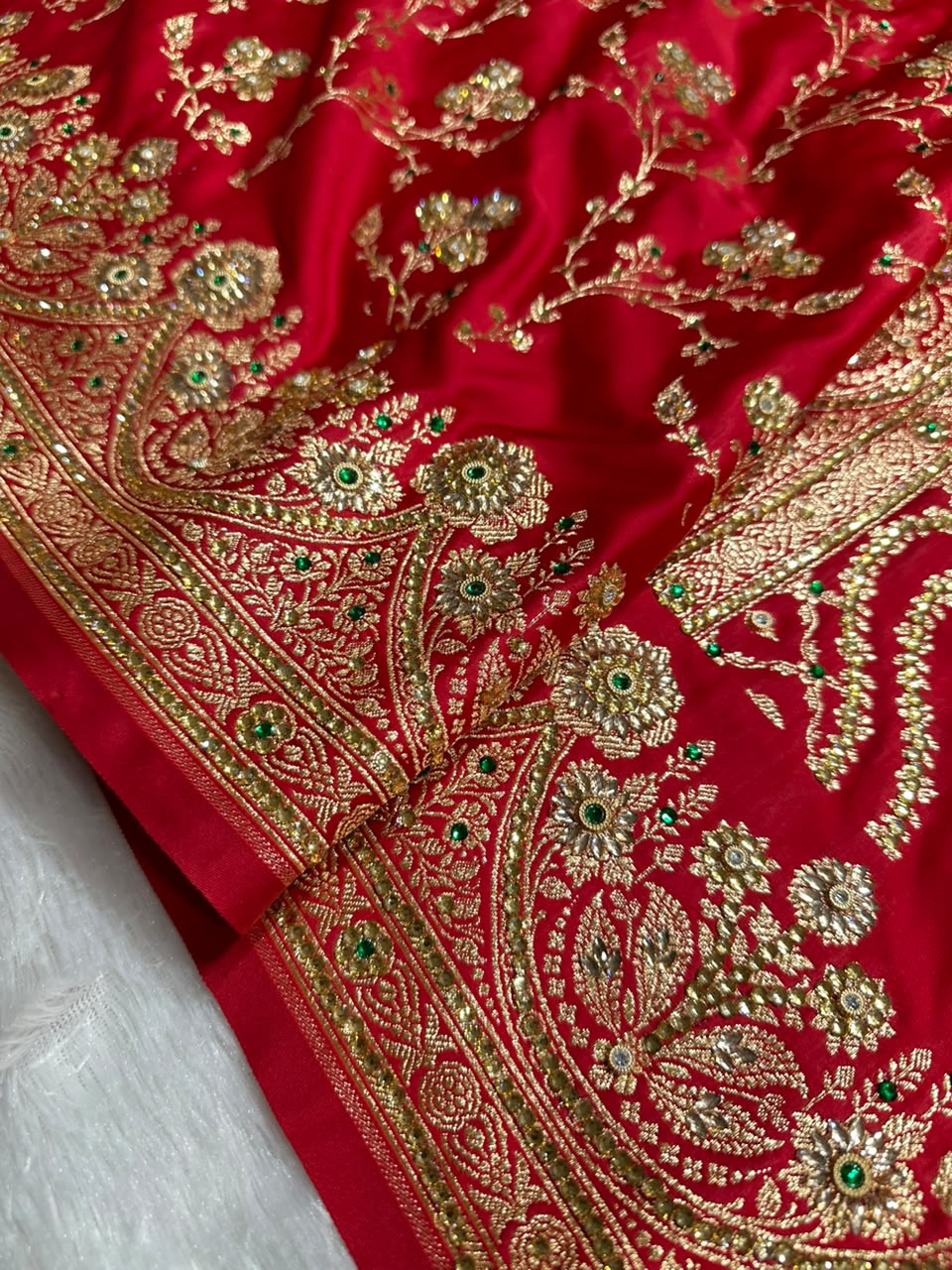 Royal Red Banarasi Floral Stone Work Bridal Saree
