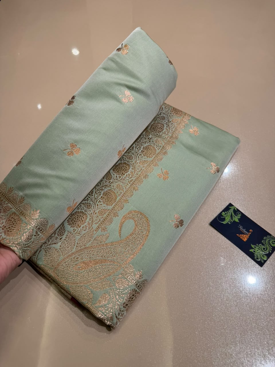 Mint Green Banarasi Silk Blend Satin Saree with Golden Zari Weaving