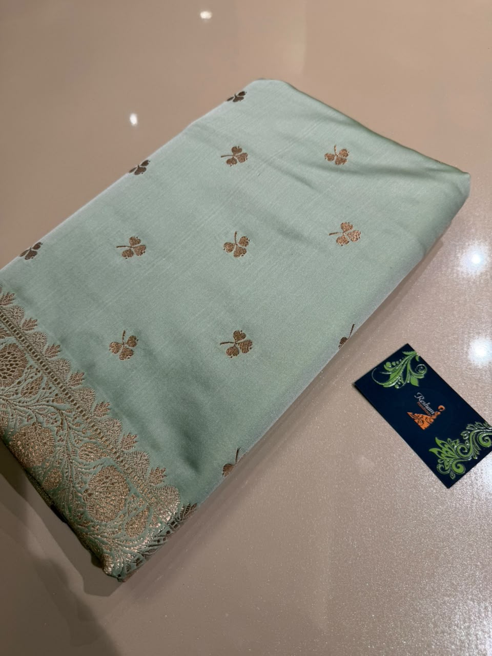 Mint Green Banarasi Silk Blend Satin Saree with Golden Zari Weaving