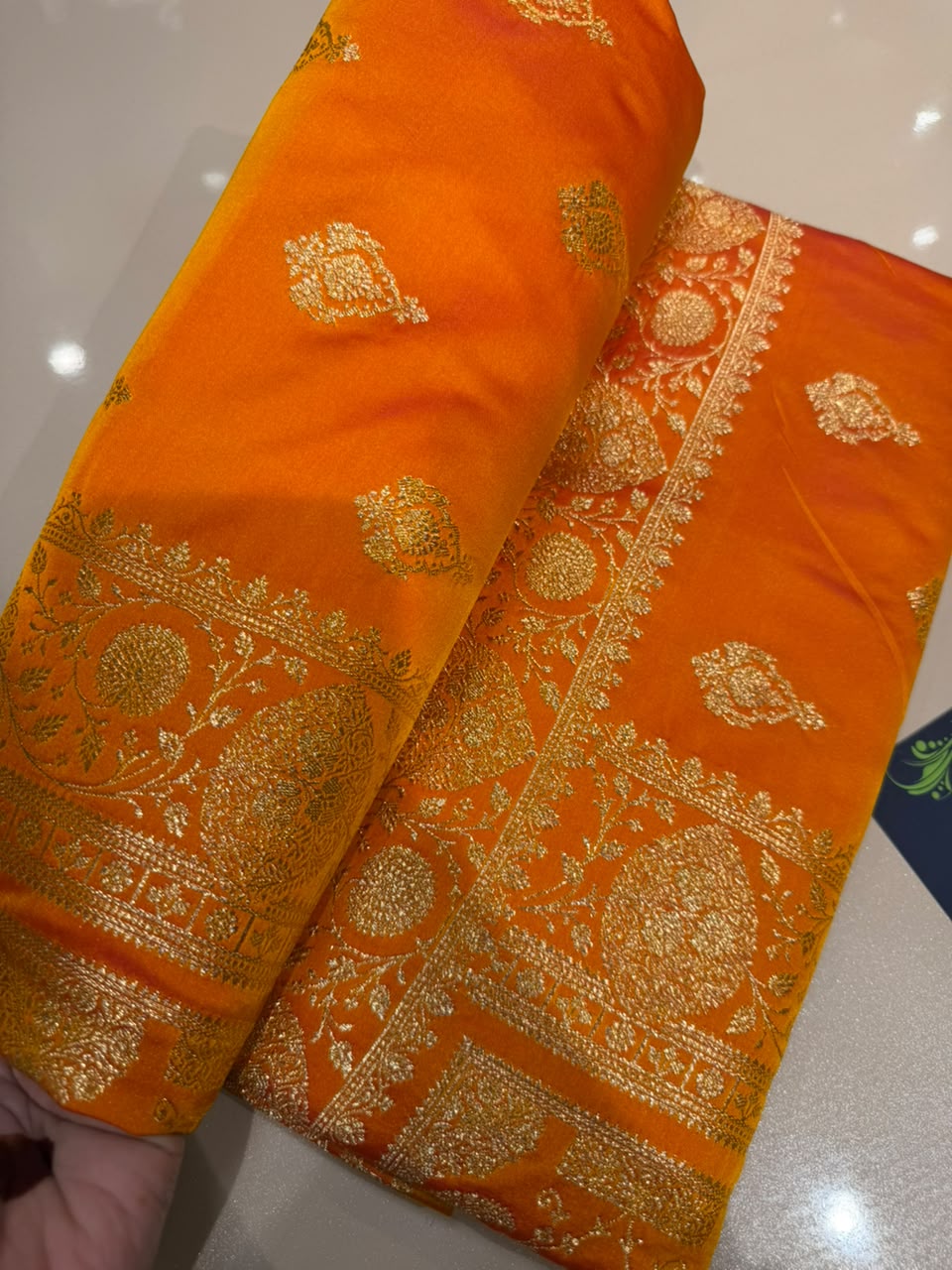 Sunset Orange Premium Banarasi Silk Saree with Golden Zari Weaving