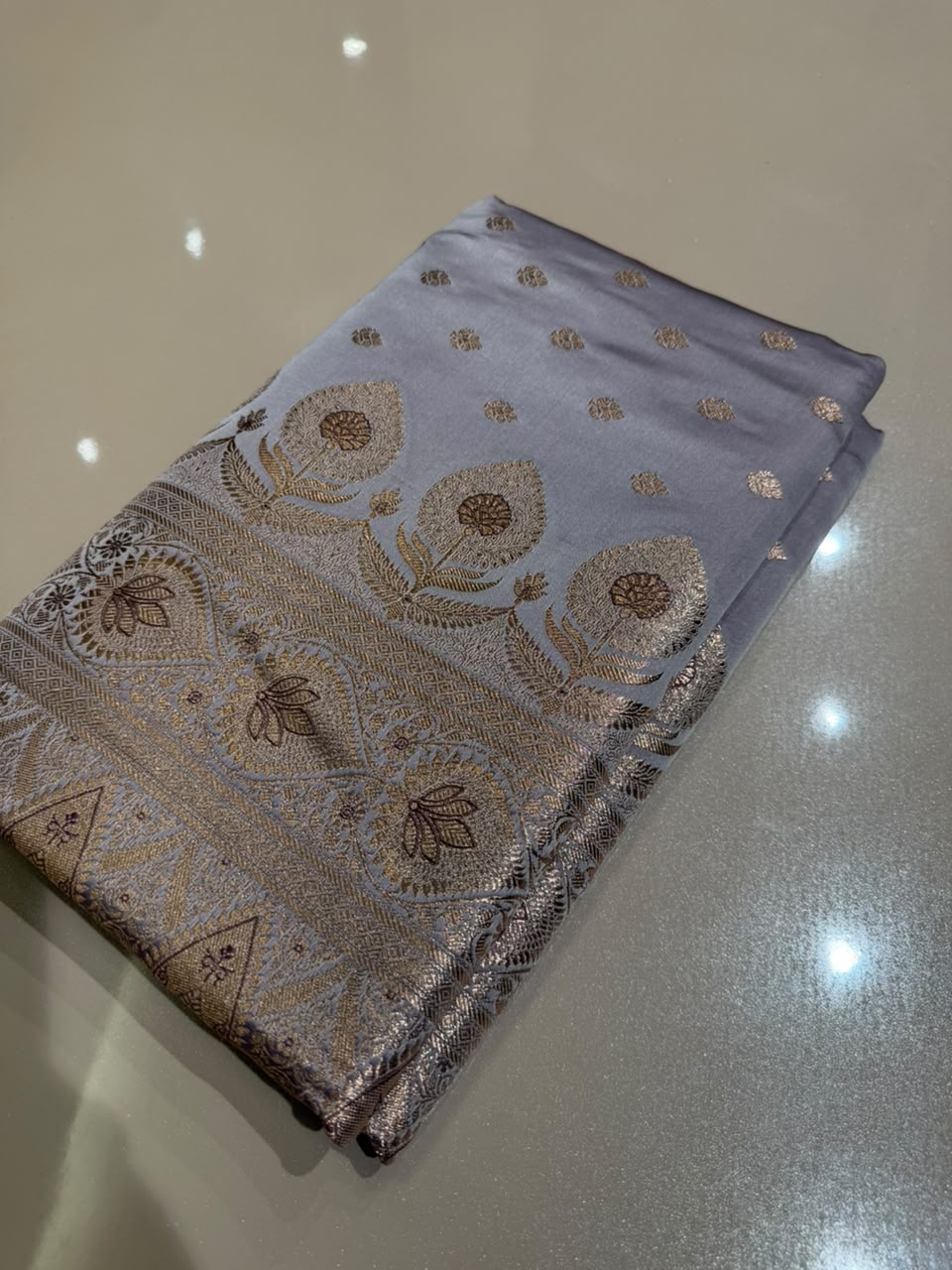 Pearl Grey Premium Banarasi Silk Saree with Copper Gold Zari Weaving