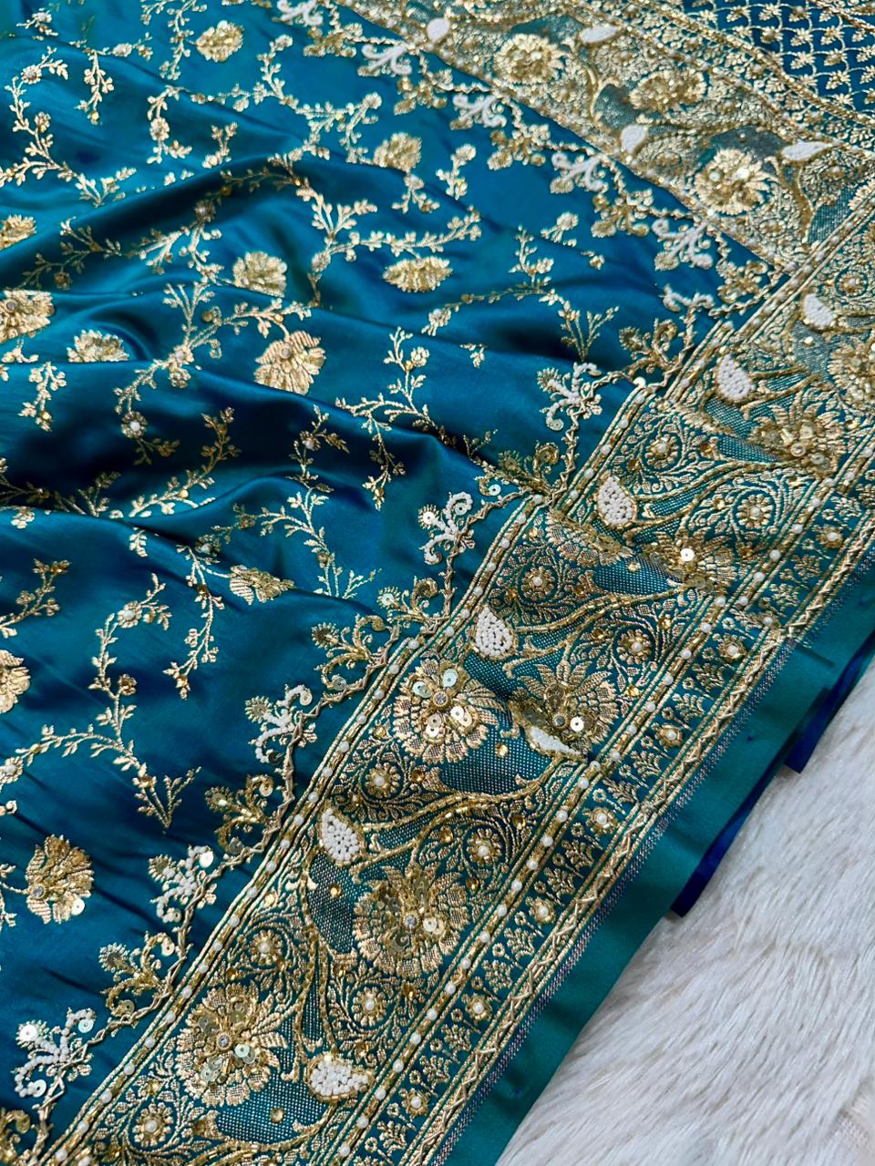Handwork Banarasi Silk Saree – Teal Blue with Zari & Zardozi Embroidery