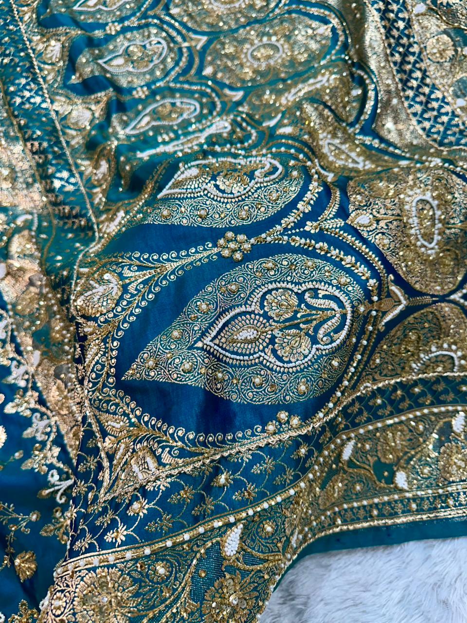 Handwork Banarasi Silk Saree – Teal Blue with Zari & Zardozi Embroidery