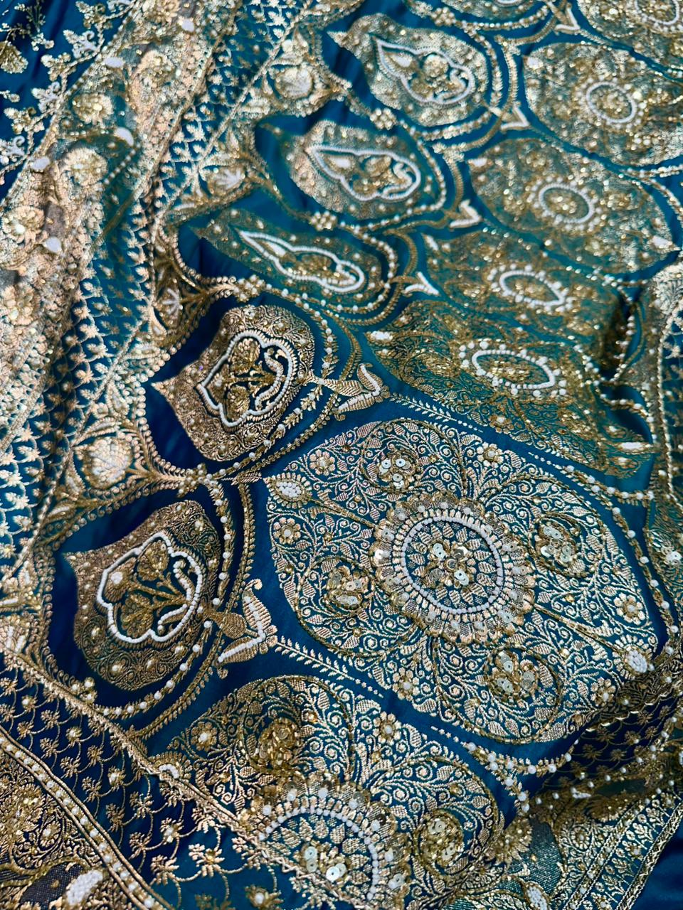 Handwork Banarasi Silk Saree – Teal Blue with Zari & Zardozi Embroidery