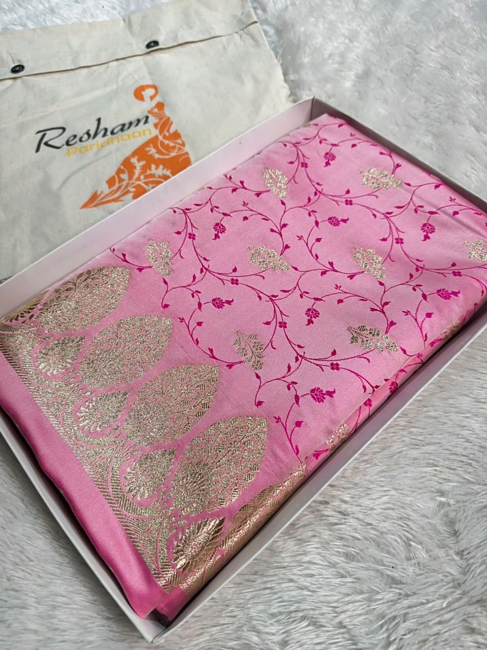 Pink Sikk Banarasi Silk Blend with Satin Saree – Floral Zari Weaving