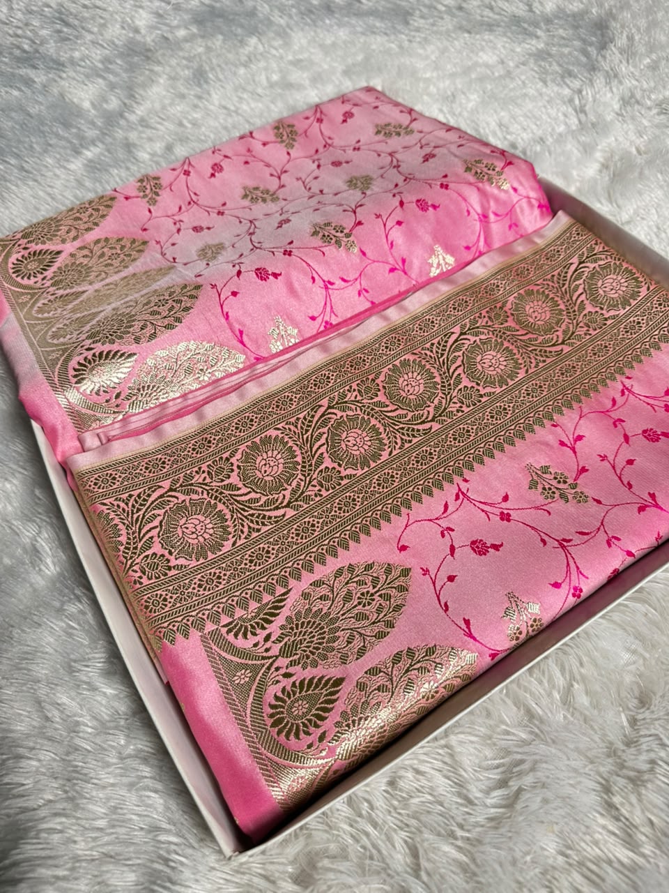 Pink Sikk Banarasi Silk Blend with Satin Saree – Floral Zari Weaving