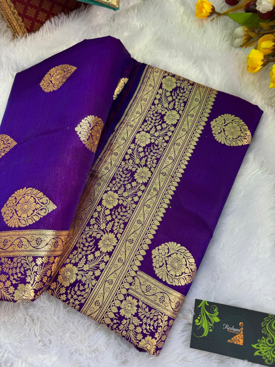 Royal Wine Banarasi Satin Saree With Big Buta Motif & Golden Zari Weaving
