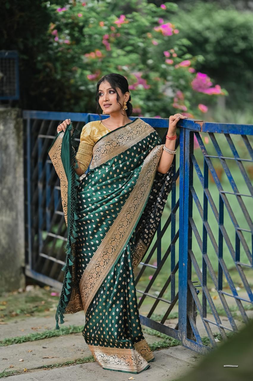Banarasi Satin Saree with Golden Zari & Tassel Pallu
