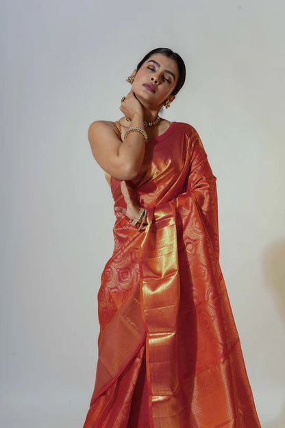 Orange Dual Tone Silk Kanjivaram Saree With Blouse Piece