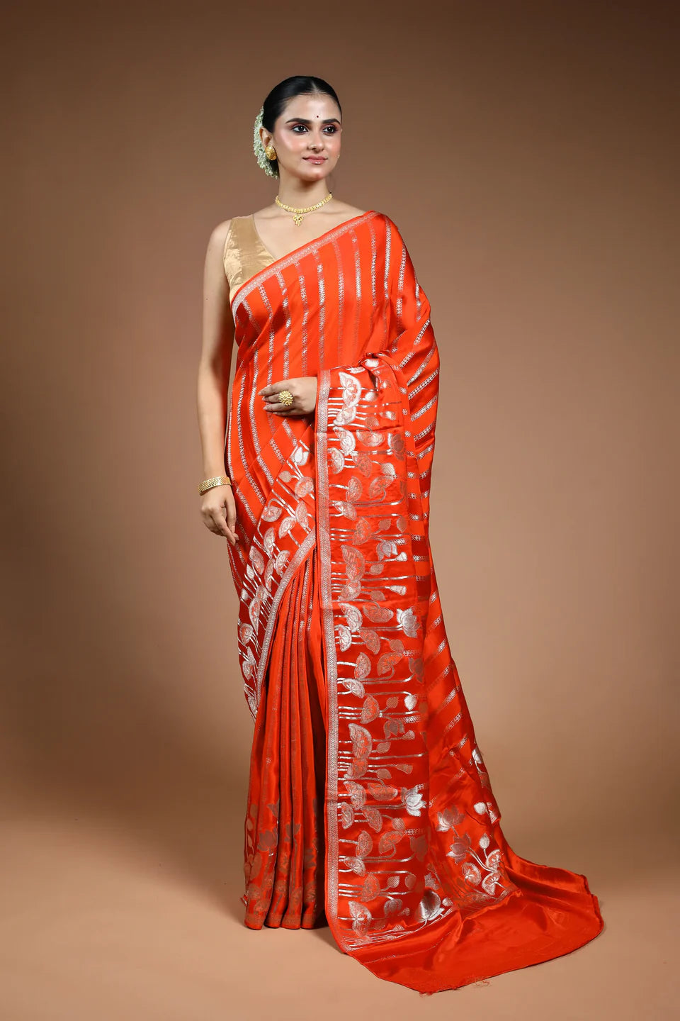 Rust Orange Blended Mashru Saree with Blouse Piece