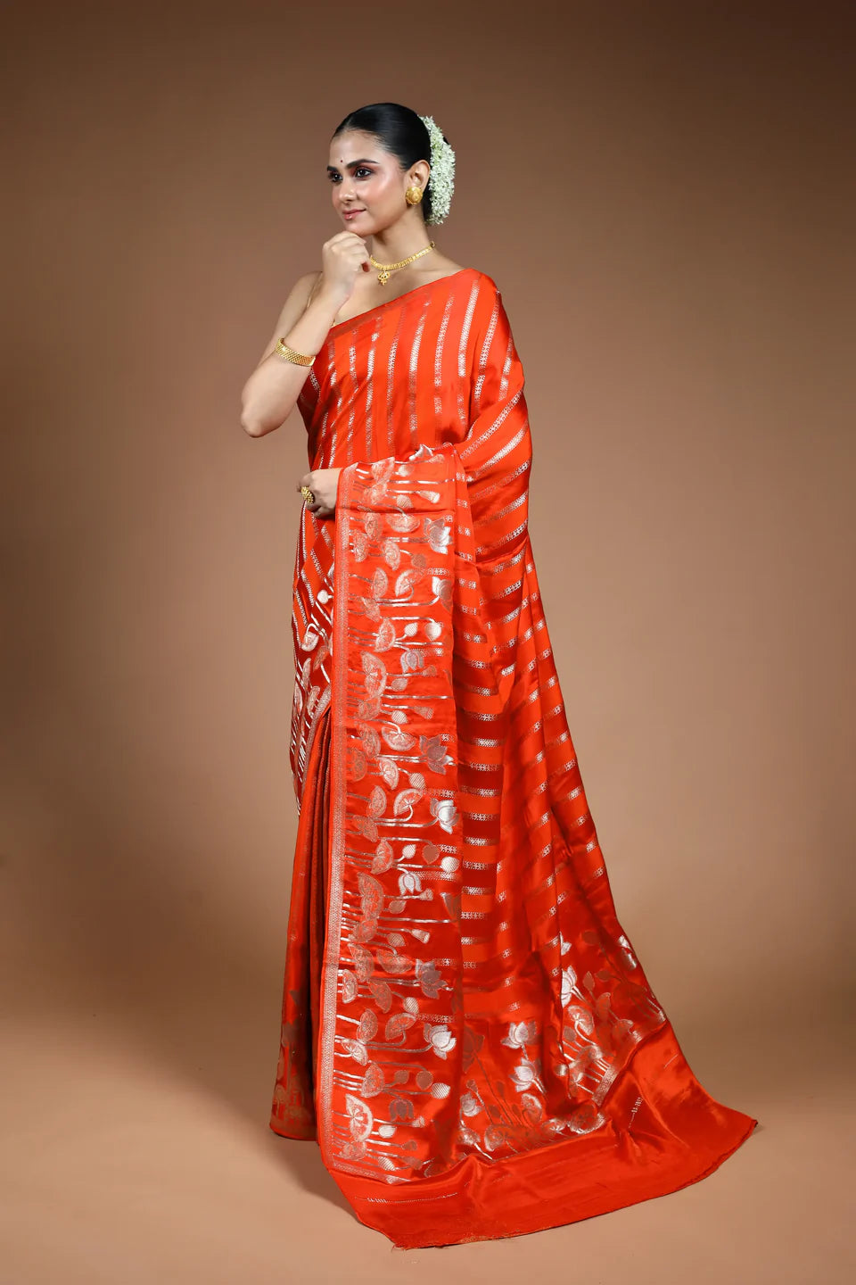 Rust Orange Blended Mashru Saree with Blouse Piece