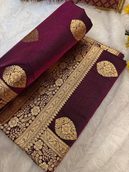 Royal Wine Banarasi Satin Saree With Big Buta Motif &amp; Golden Zari Weaving