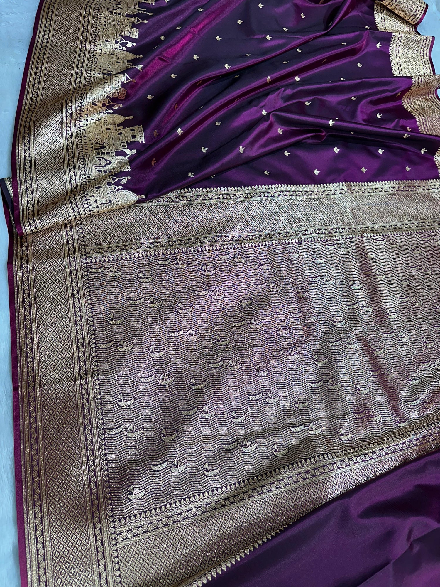 Ganga Ghat Banarasi Silk Satin Saree With Heritage Zari Border