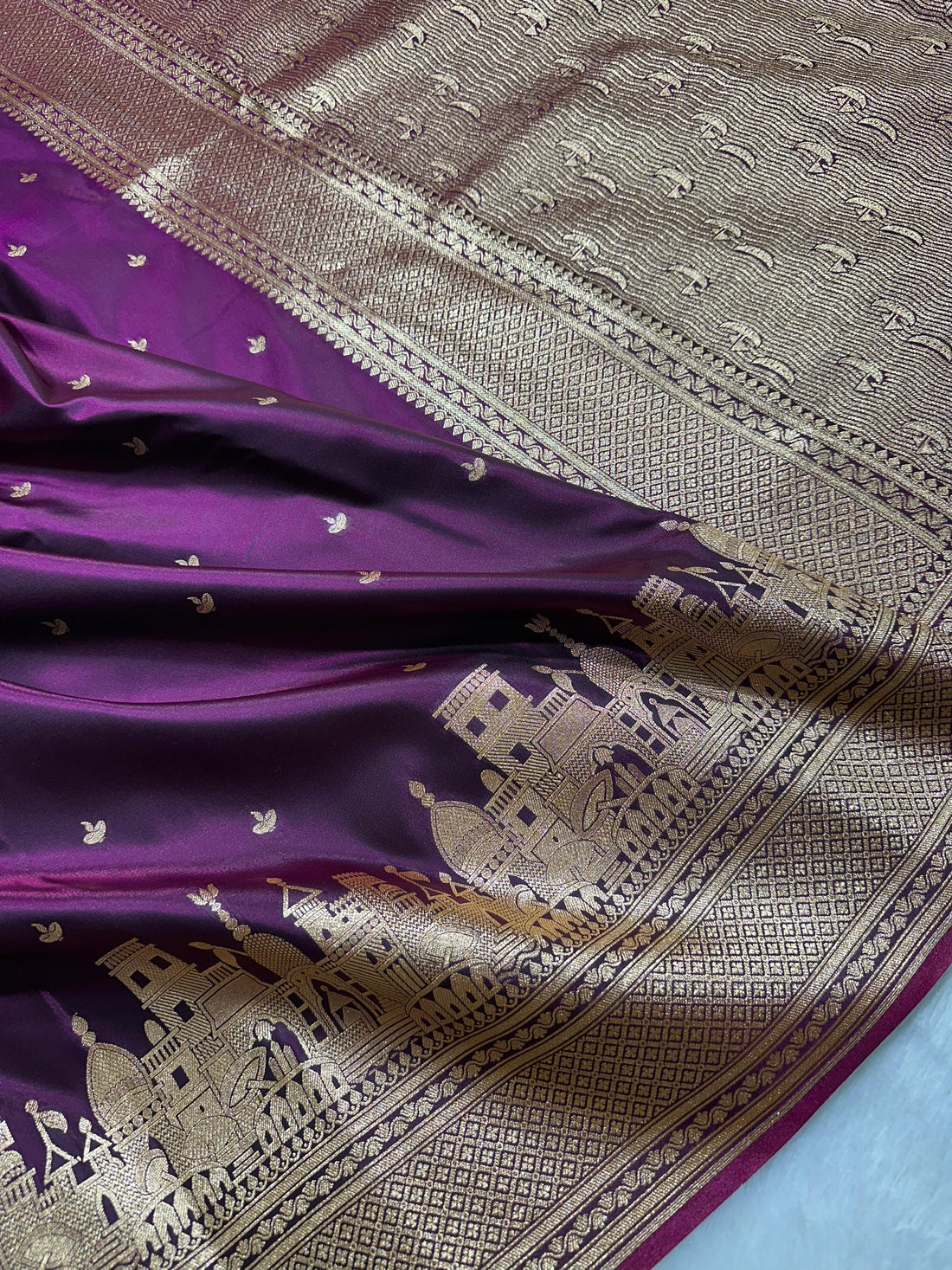Ganga Ghat Banarasi Silk Satin Saree With Heritage Zari Border