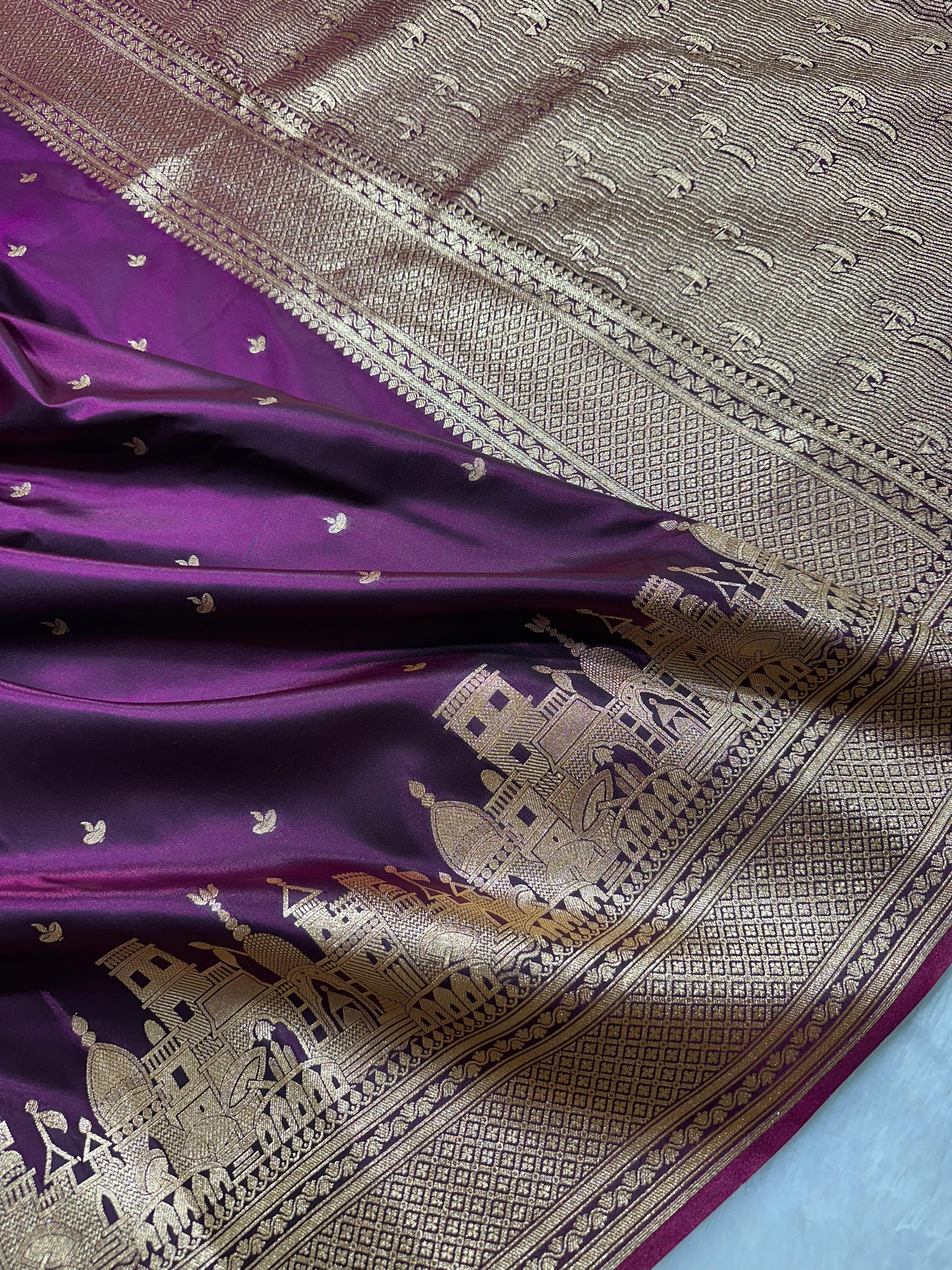 Ganga Ghat Banarasi Silk Satin Saree With Heritage Zari Border