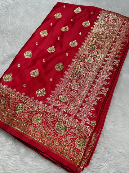 Rajwada Banarasi Bridal Stone Work Saree – Bridal Red