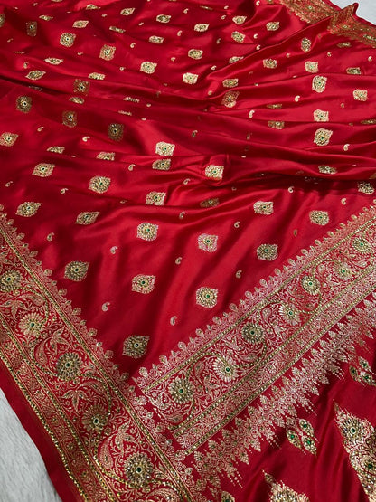 Rajwada Banarasi Bridal Stone Work Saree – Bridal Red