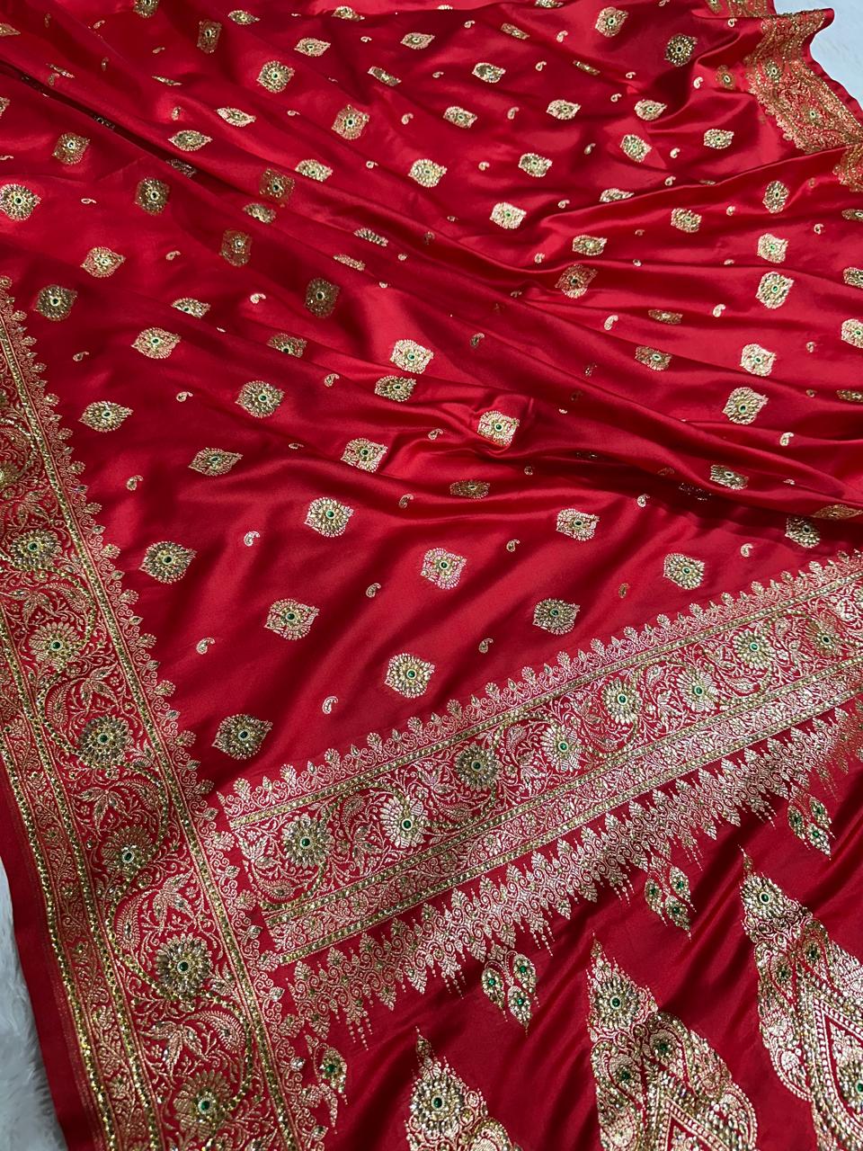 Rajwada Banarasi Bridal Stone Work Saree – Bridal Red