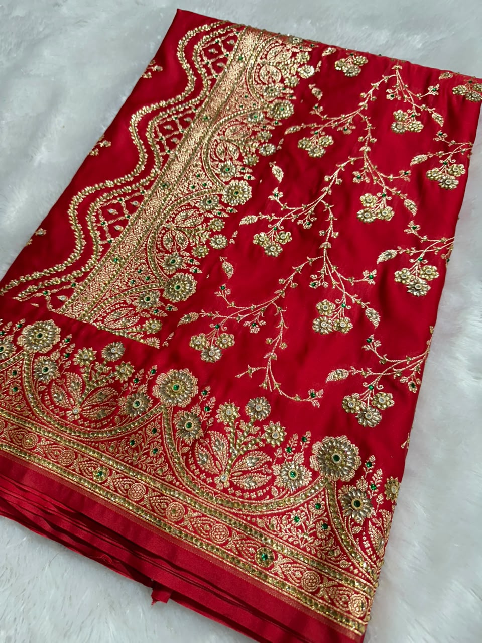 Royal Red Banarasi Floral Stone Work Bridal Saree