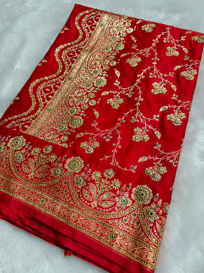 Royal Red Banarasi Floral Stone Work Bridal Saree