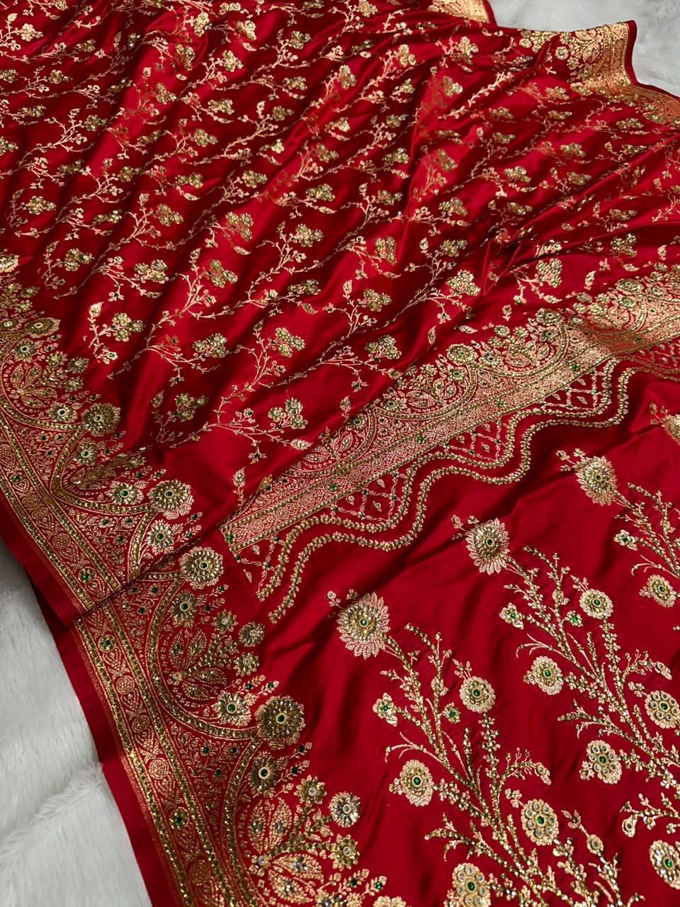 Royal Red Banarasi Floral Stone Work Bridal Saree
