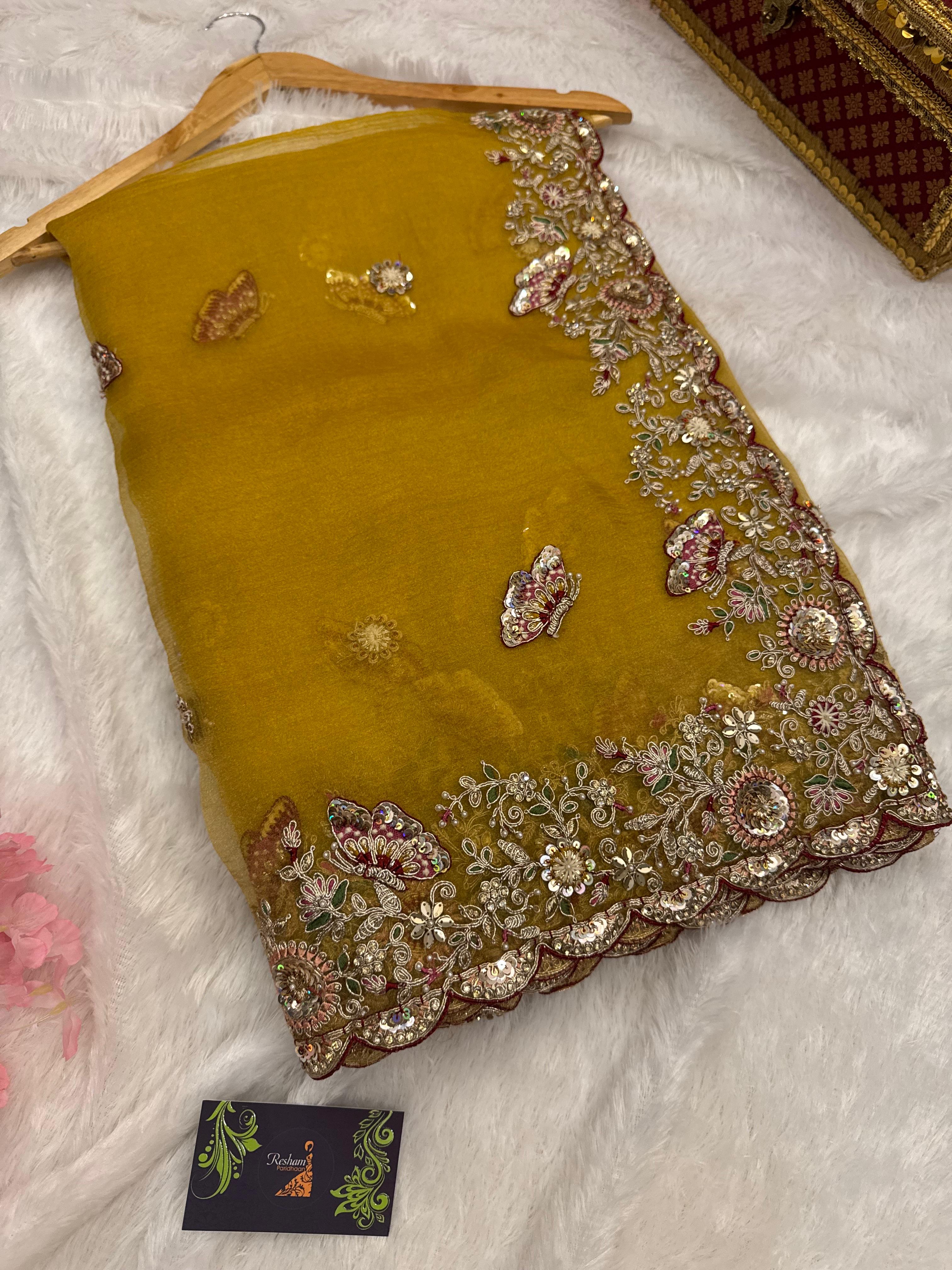 Mustard Butterfly Embroidered Designer Party Wear Saree