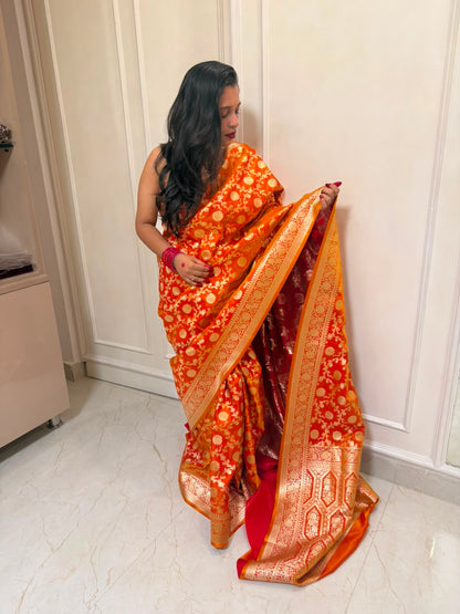 Premium Banarasi Satin Floral Zari Woven Saree