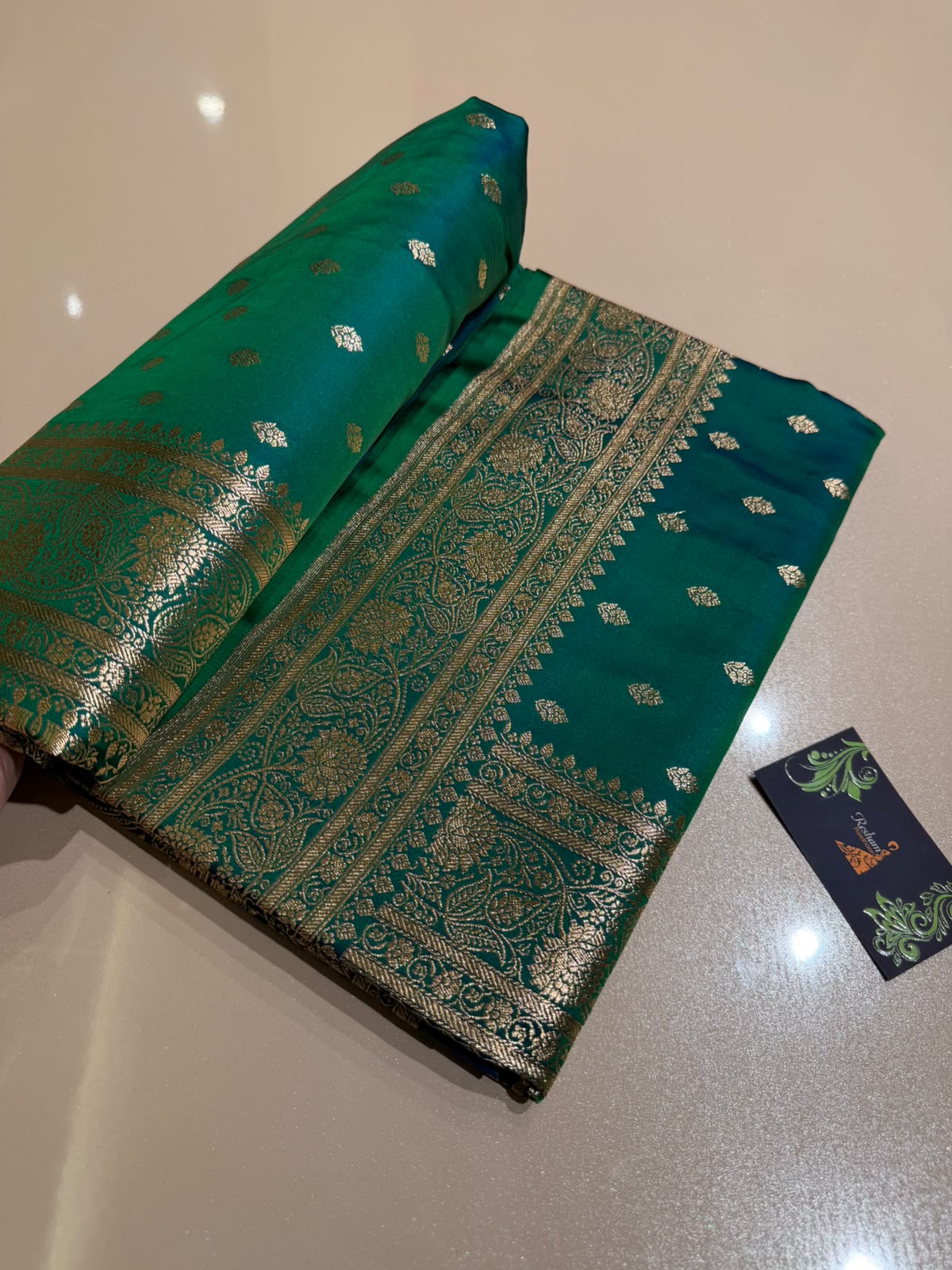 Teal Green Premium Silk Blend Satin Saree with Golden Zari Weaving