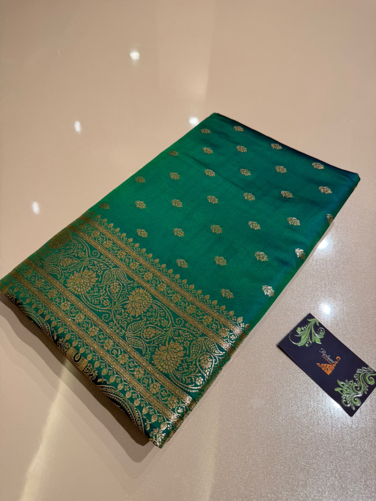 Teal Green Premium Silk Blend Satin Saree with Golden Zari Weaving