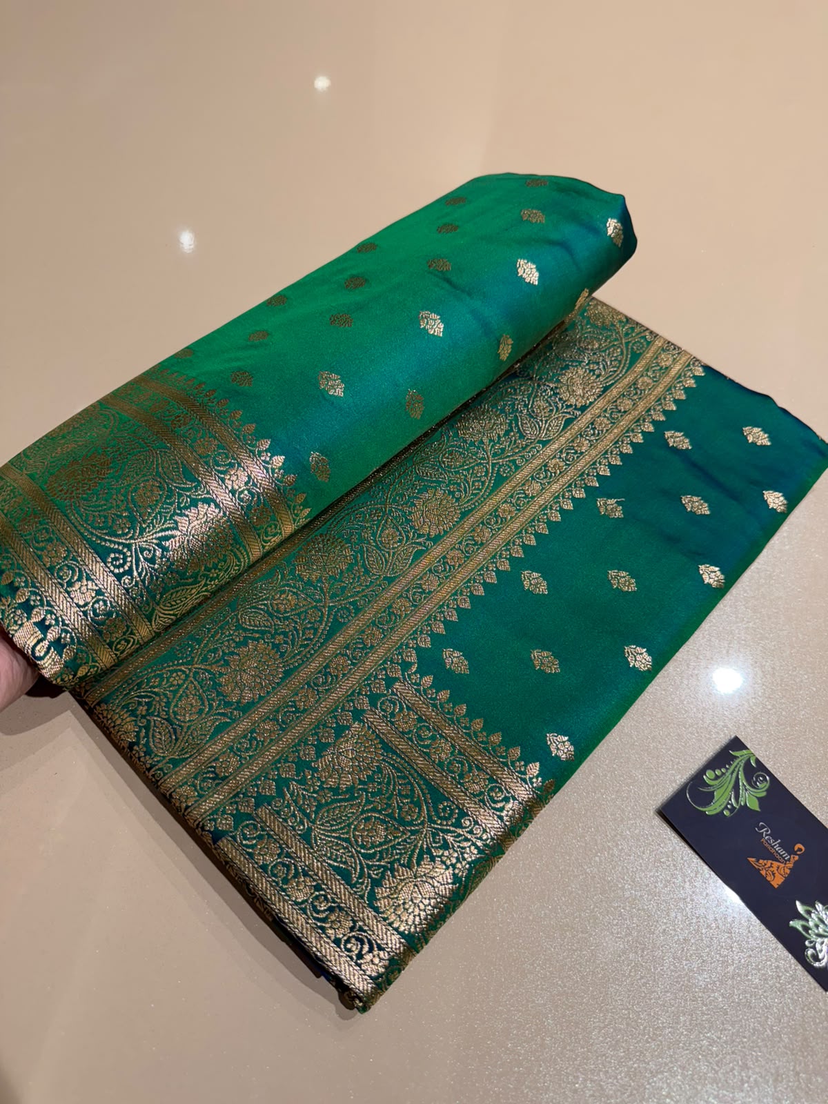 Teal Green Premium Silk Blend Satin Saree with Golden Zari Weaving