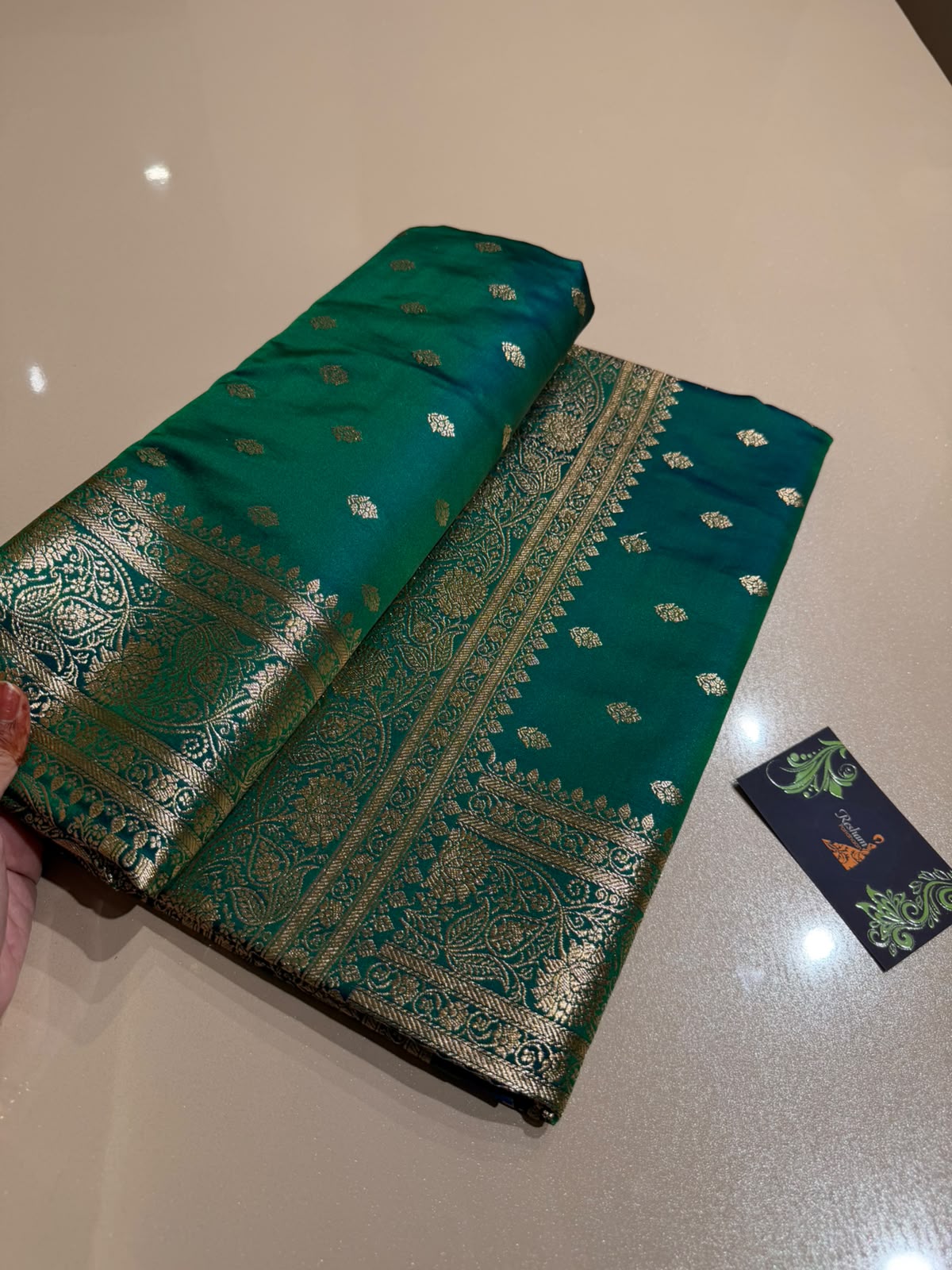 Teal Green Premium Silk Blend Satin Saree with Golden Zari Weaving