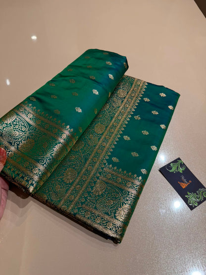 Teal Green Premium Silk Blend Satin Saree with Golden Zari Weaving
