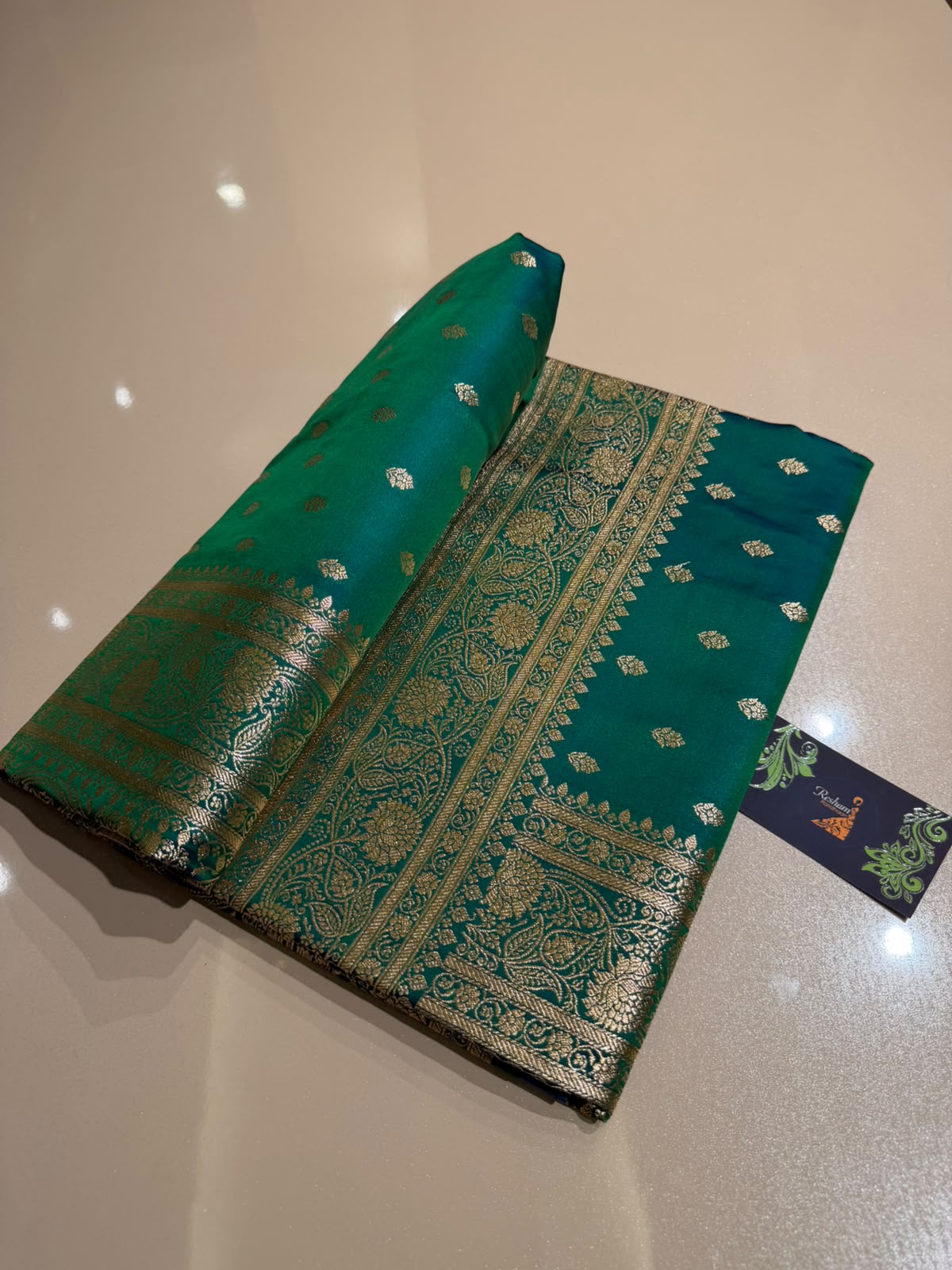 Teal Green Premium Silk Blend Satin Saree with Golden Zari Weaving