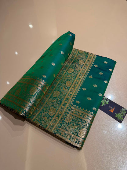 Teal Green Premium Silk Blend Satin Saree with Golden Zari Weaving
