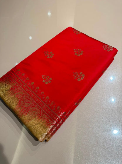 Red Contrast Beige Premium Silk Blend Satin Saree with Golden Zari Weaving