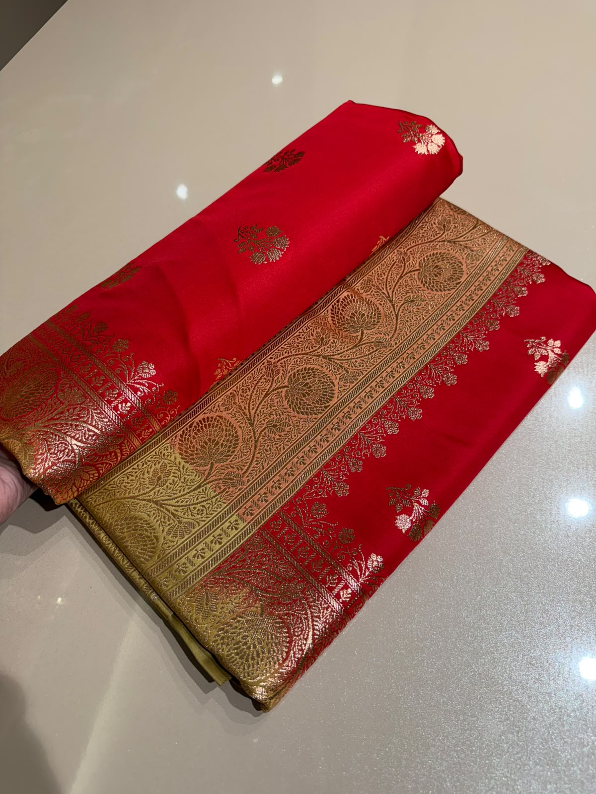 Red Contrast Beige Premium Silk Blend Satin Saree with Golden Zari Weaving