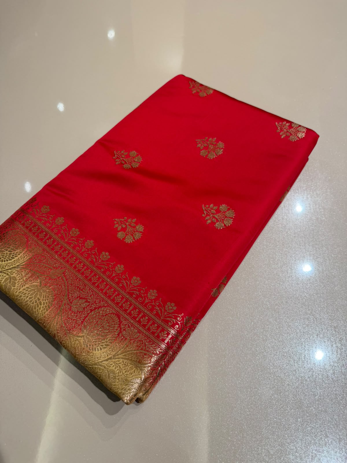 Red Contrast Beige Premium Silk Blend Satin Saree with Golden Zari Weaving
