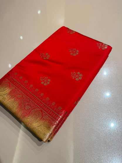 Red Contrast Beige Premium Silk Blend Satin Saree with Golden Zari Weaving