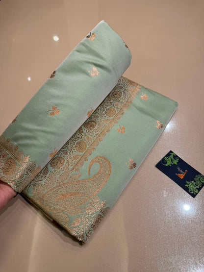 Mint Green Banarasi Silk Blend Satin Saree with Golden Zari Weaving