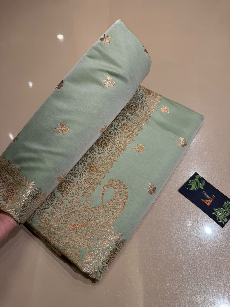 Mint Green Banarasi Silk Blend Satin Saree with Golden Zari Weaving