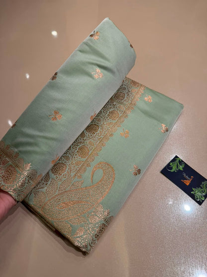 Mint Green Banarasi Silk Blend Satin Saree with Golden Zari Weaving