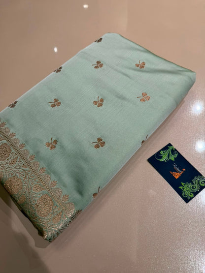 Mint Green Banarasi Silk Blend Satin Saree with Golden Zari Weaving