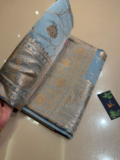 Powder Blue Banarasi Silk Blend Satin Saree with Copper Golden Zari Floral Jaal Weaving