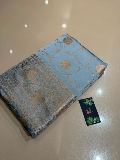 Powder Blue Banarasi Silk Blend Satin Saree with Copper Golden Zari Floral Jaal Weaving