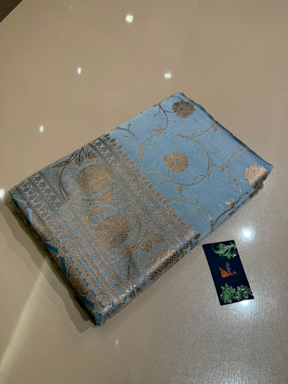 Powder Blue Banarasi Silk Blend Satin Saree with Copper Golden Zari Floral Jaal Weaving
