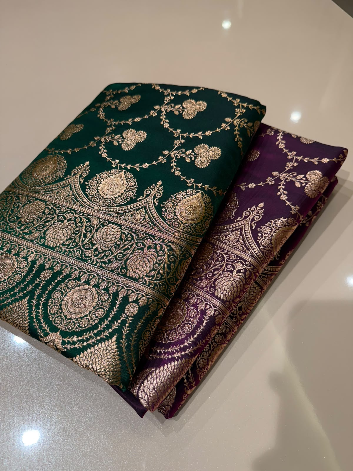 Wine Banarasi Silk Blend Satin Saree with Copper Golden Zari Floral Jaal Weaving