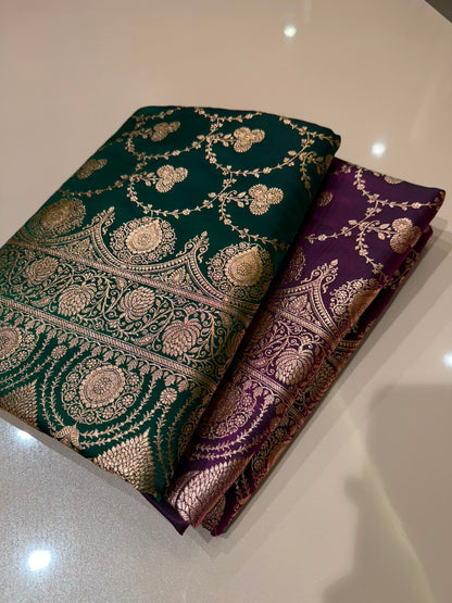 Wine Banarasi Silk Blend Satin Saree with Copper Golden Zari Floral Jaal Weaving