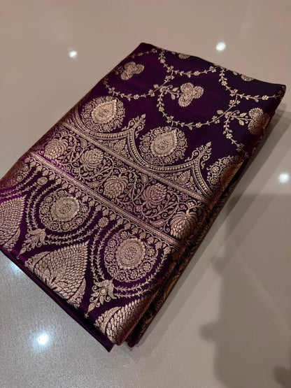 Wine Banarasi Silk Blend Satin Saree with Copper Golden Zari Floral Jaal Weaving