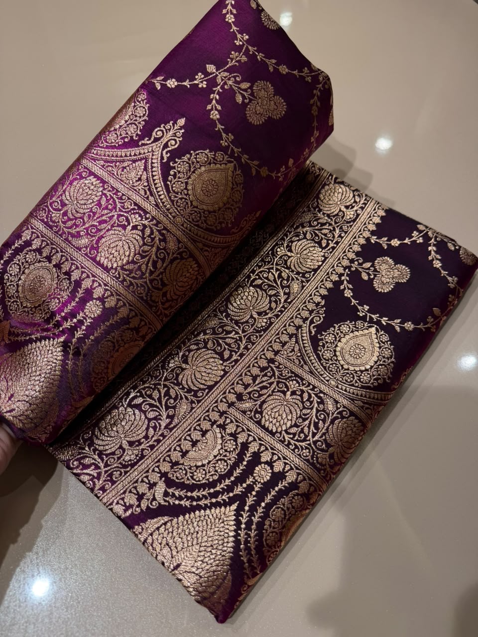 Wine Banarasi Silk Blend Satin Saree with Copper Golden Zari Floral Jaal Weaving